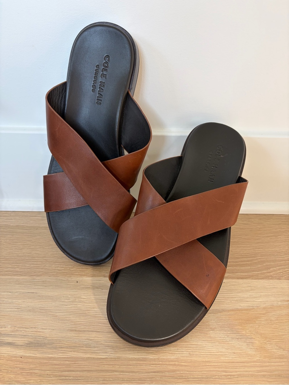 Cole Haan Men’s Brown Leather Crisscross Slide Sandals